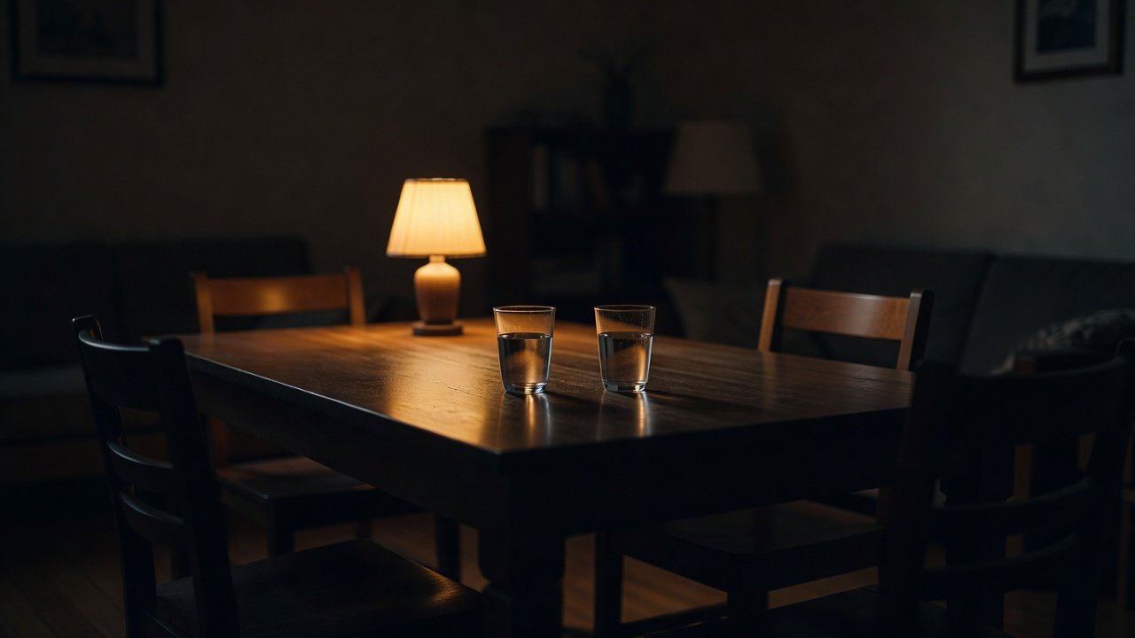 夜晚客厅里一对夫妻隔着餐桌沉默相对的电影画面，灯光昏黄，气氛安静