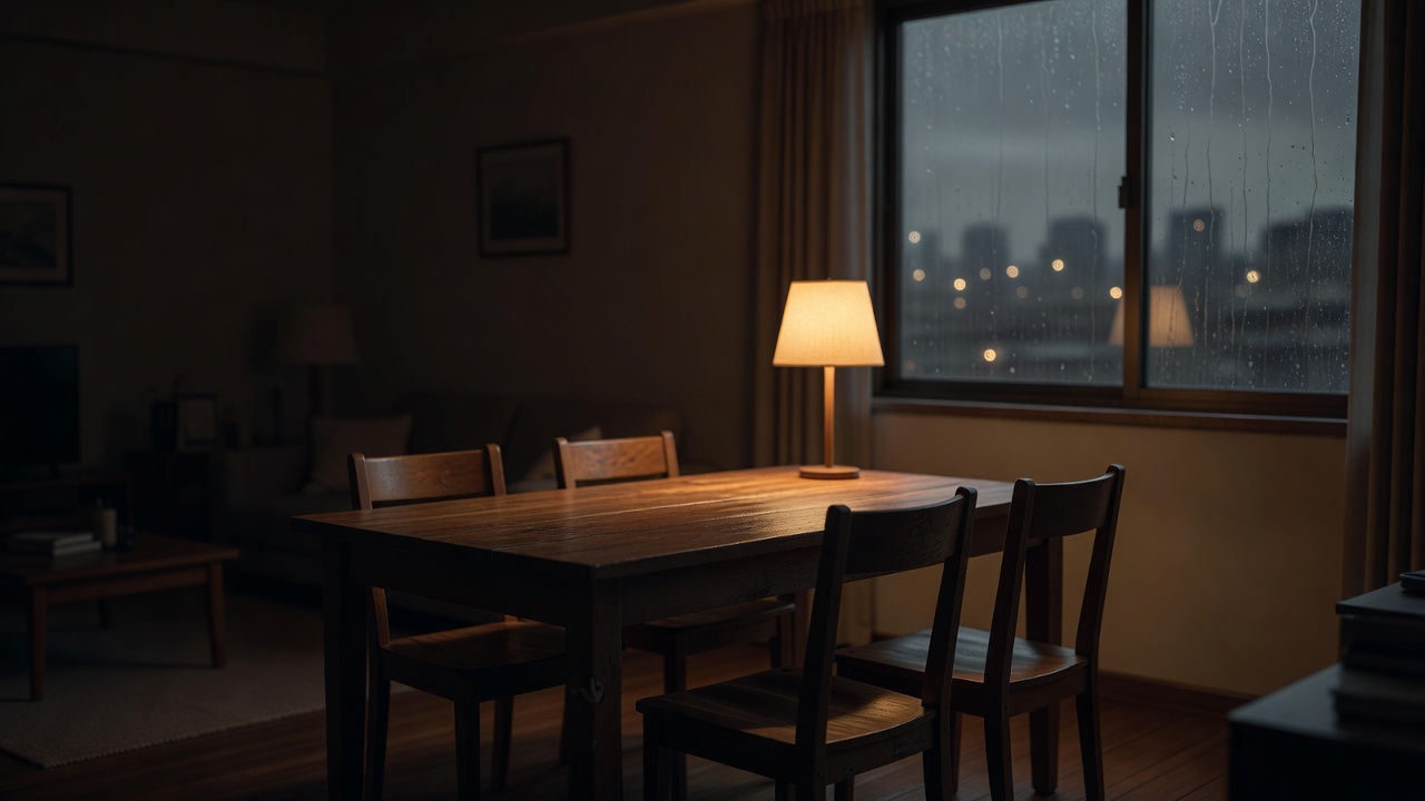 夜晚客厅餐桌与四把椅子的剧照式画面，暖色台灯映在雨痕窗户上